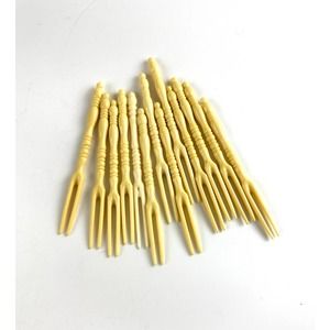 Vintage Cocktail Picks Psuedo Ivory Plastic Appetizer Forks Holder Set